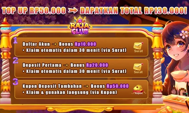 RAJA CLUB Welcome Bonus Package - Top Up RP50.000 Get Total RP130.000